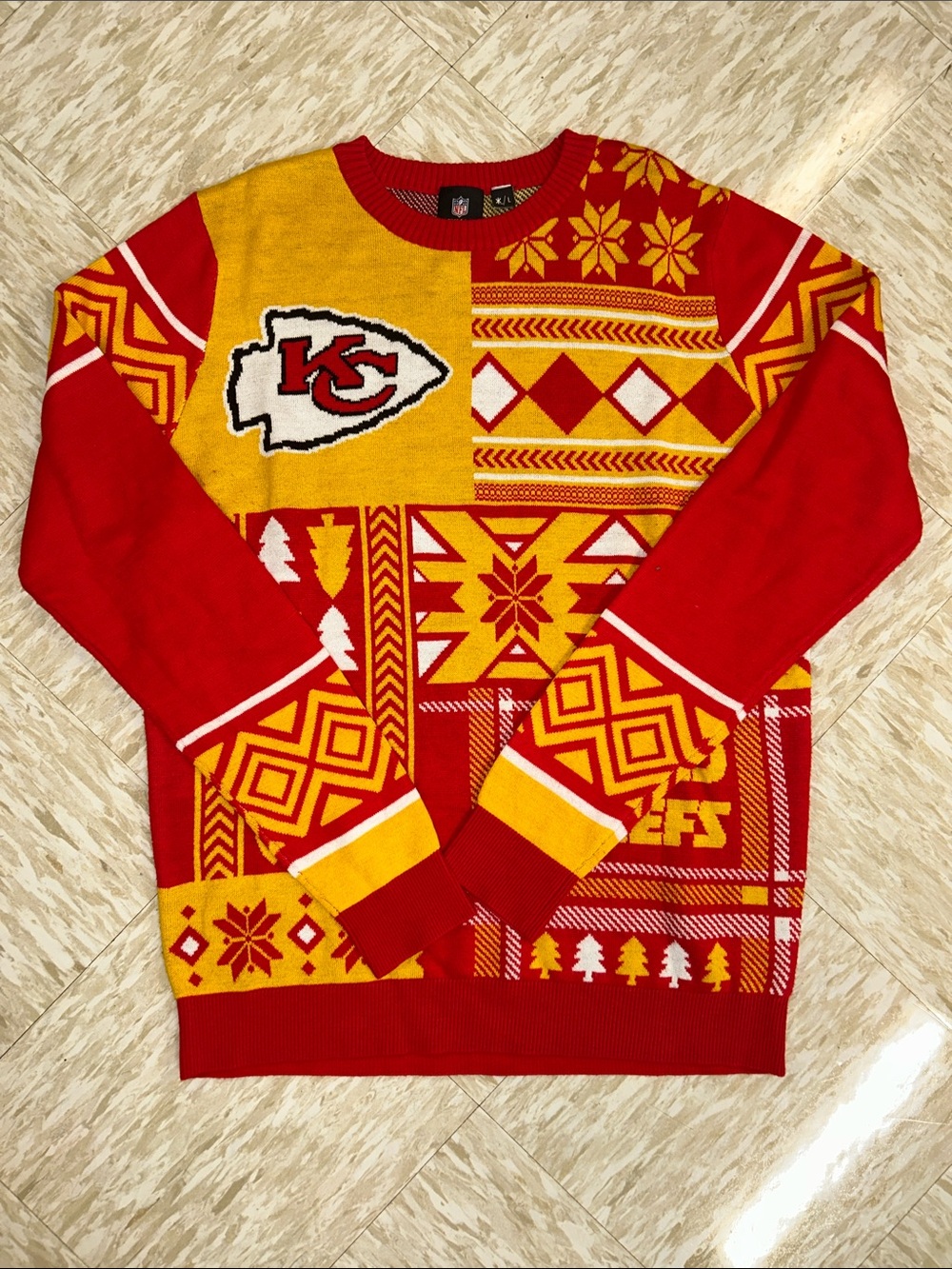 NFL Kansas City Chiefs Red and Gold Patchwork Crewneck Holiday Sweater